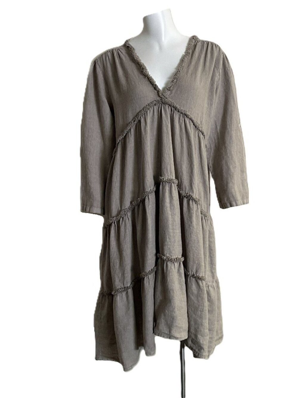 Made in Italy 100% Linen Dress M/L ? Taupe Tiered Boho Pullover V Neck Raw Edge